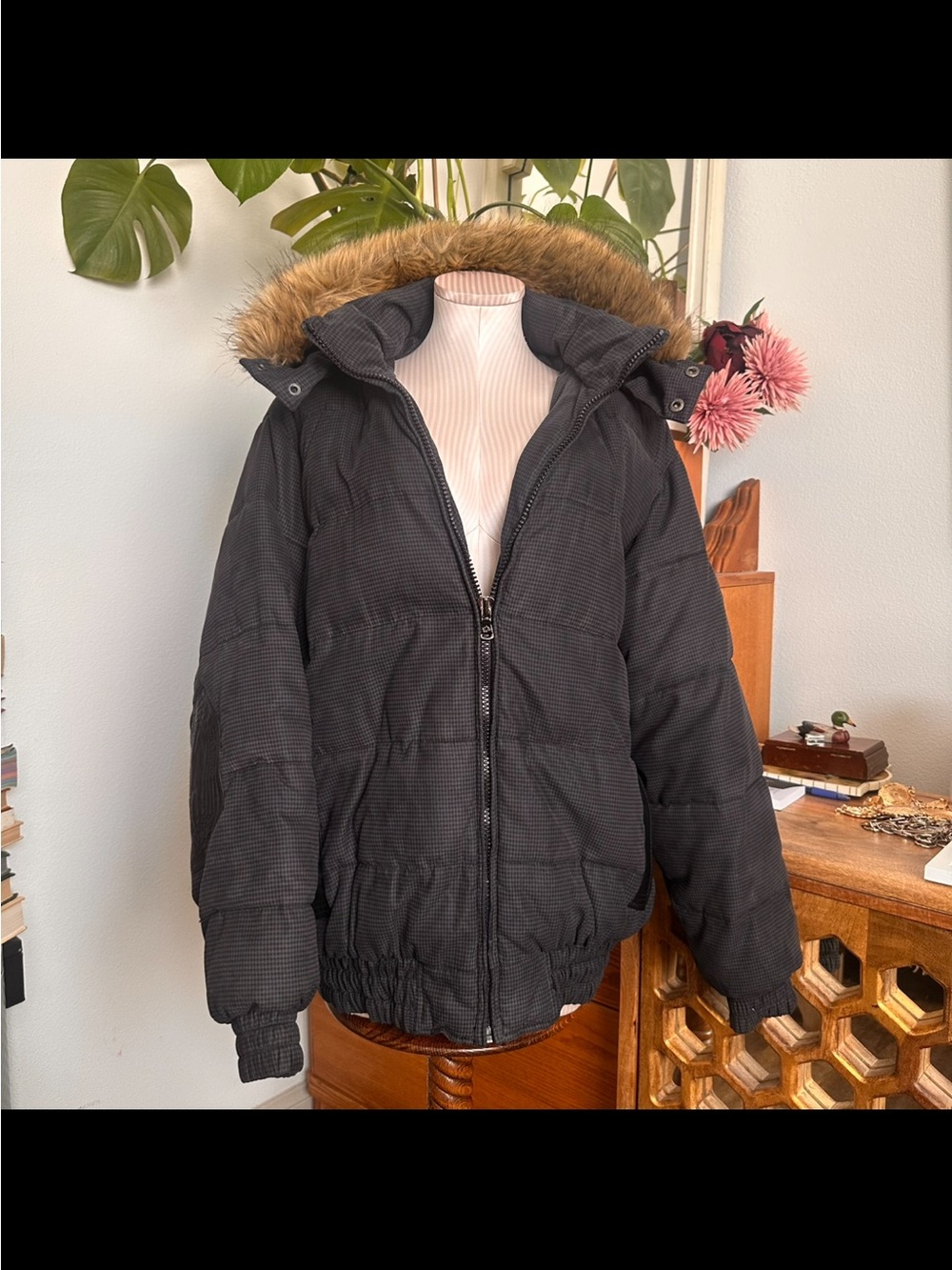 Sean John Vintage Y2K Houndstooth Fur Hood Puffer Jacket Men’s L